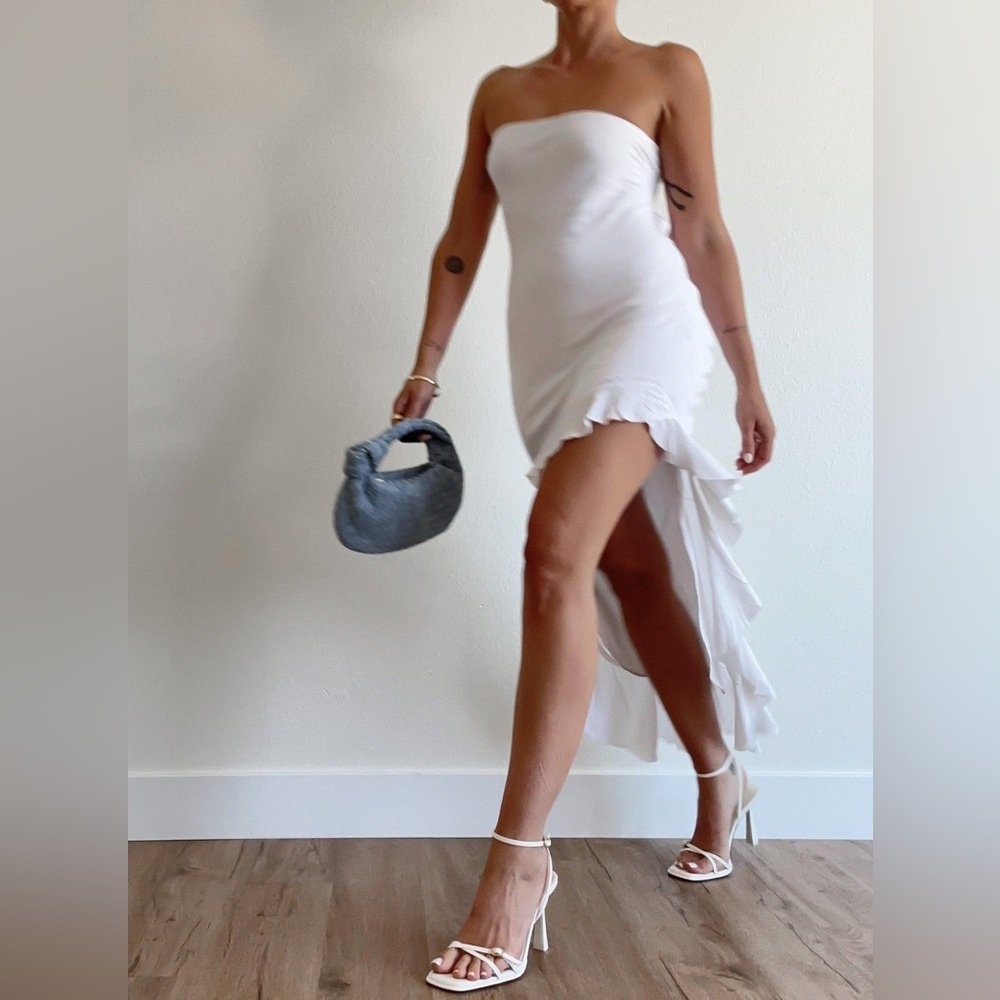 White Strapless High-Low Ruffle Cocktail Dress - Picture 2 of 7